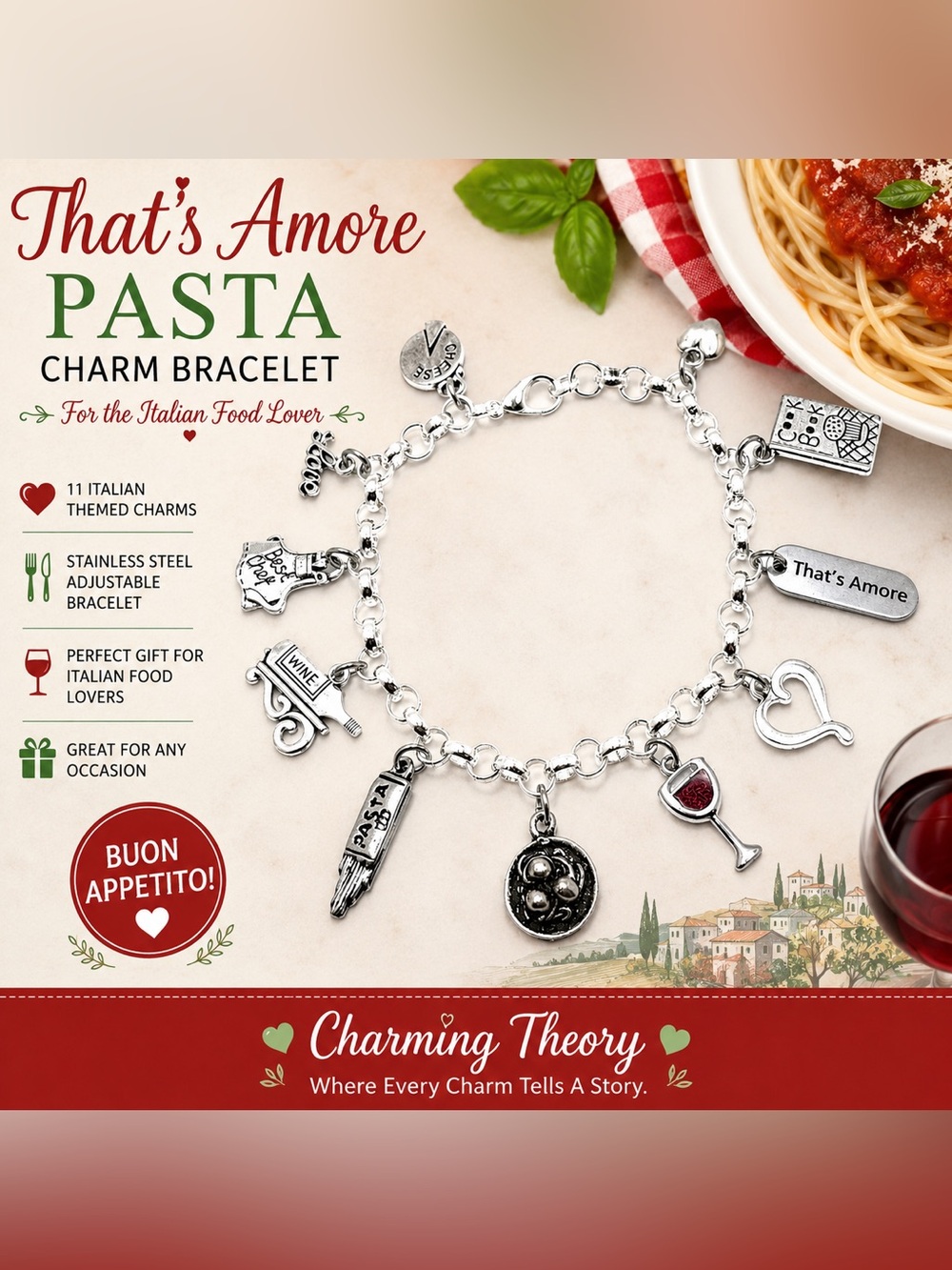 That’s Amore Italian Pasta Charm Bracelet – Foodie Wine Lover Gift
